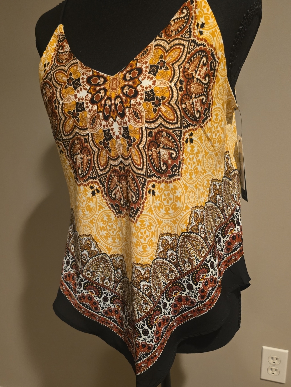 A. Byer Yellow Paisley Medallion Spaghetti Strap Top